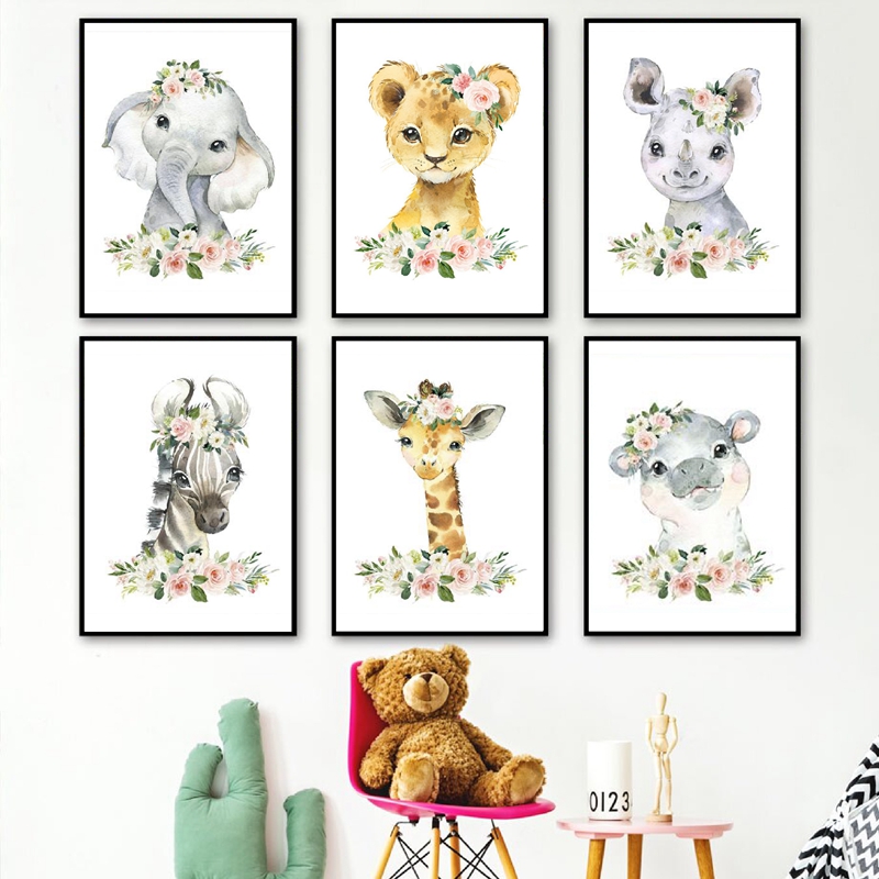 Baby Nursery Jungle Animals - Floral Jungle Animals Canvas Prints Nursery