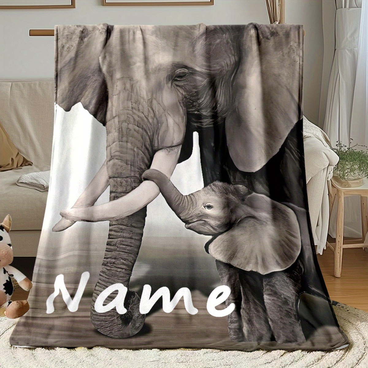 Baby Nursery Jungle Animals - Personalized Name Elephant Family Throw Blanket