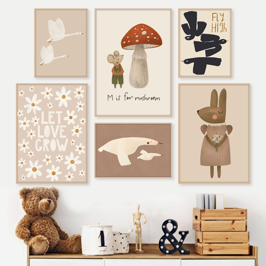 Baby Nursery Frames - Boho Cartoon Rabbit Mouse Goose Posters