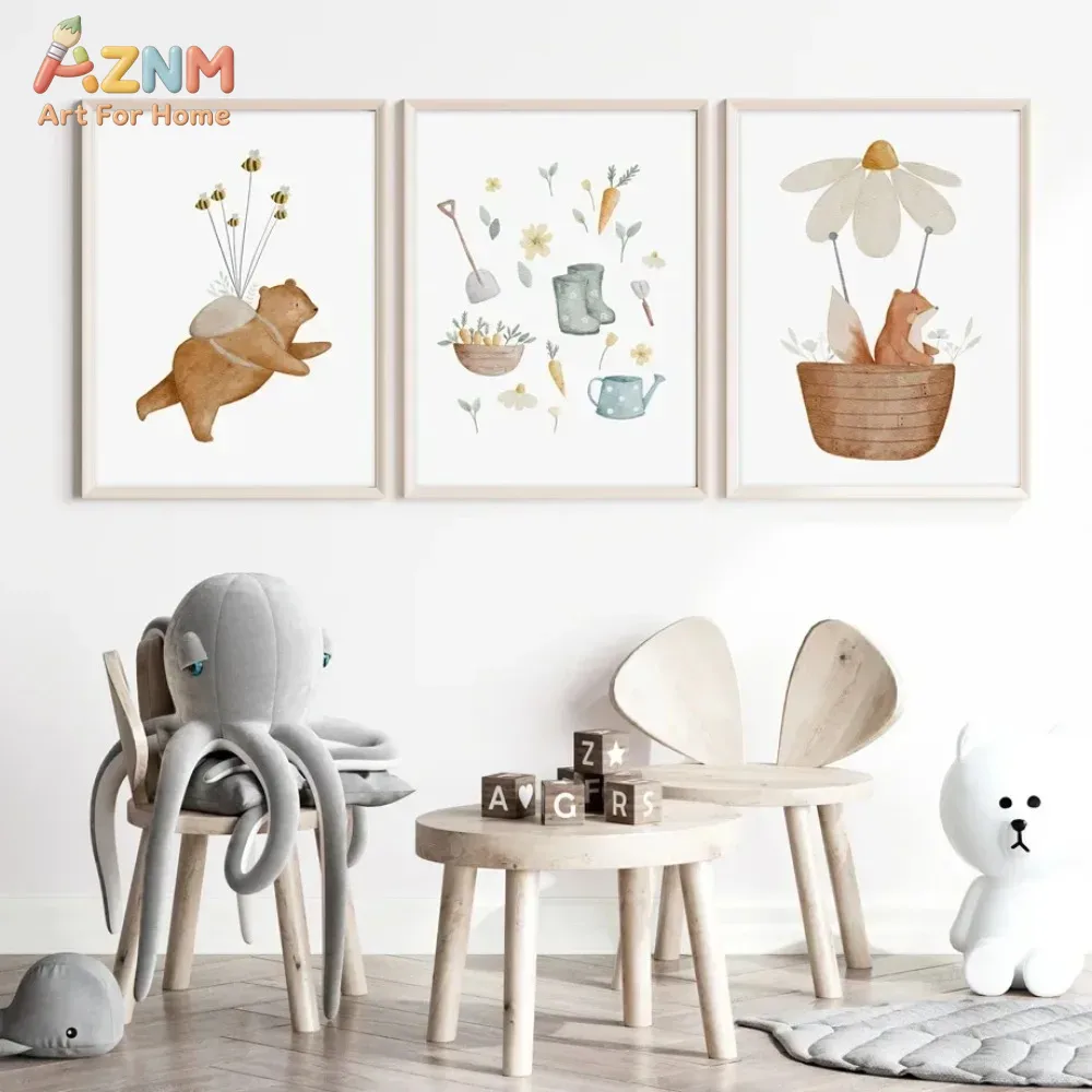 AZNM Watercolor Bear Fox Anima - Baby Nursery Frames ulasan dan harga